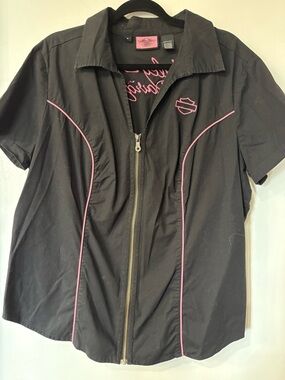 Harley-Davidson Black Shirt with Pink Piping Zip Front